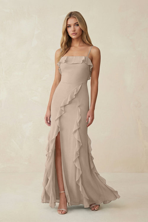 Ruffled Cami Strap Chiffon Sheath Bridesmaid Dress in Almond - KissProm Bridesmaid Dresses