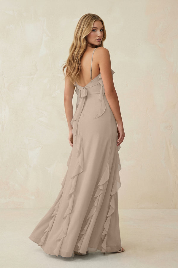 Ruffled Cami Strap Chiffon Sheath Bridesmaid Dress in Almond - KissProm Bridesmaid Dresses