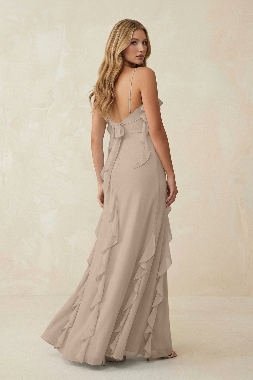 Ruffled Cami Strap Chiffon Sheath Bridesmaid Dress in Almond - KissProm Bridesmaid Dresses