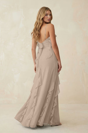 Ruffled Cami Strap Chiffon Sheath Bridesmaid Dress in Almond - KissProm Bridesmaid Dresses