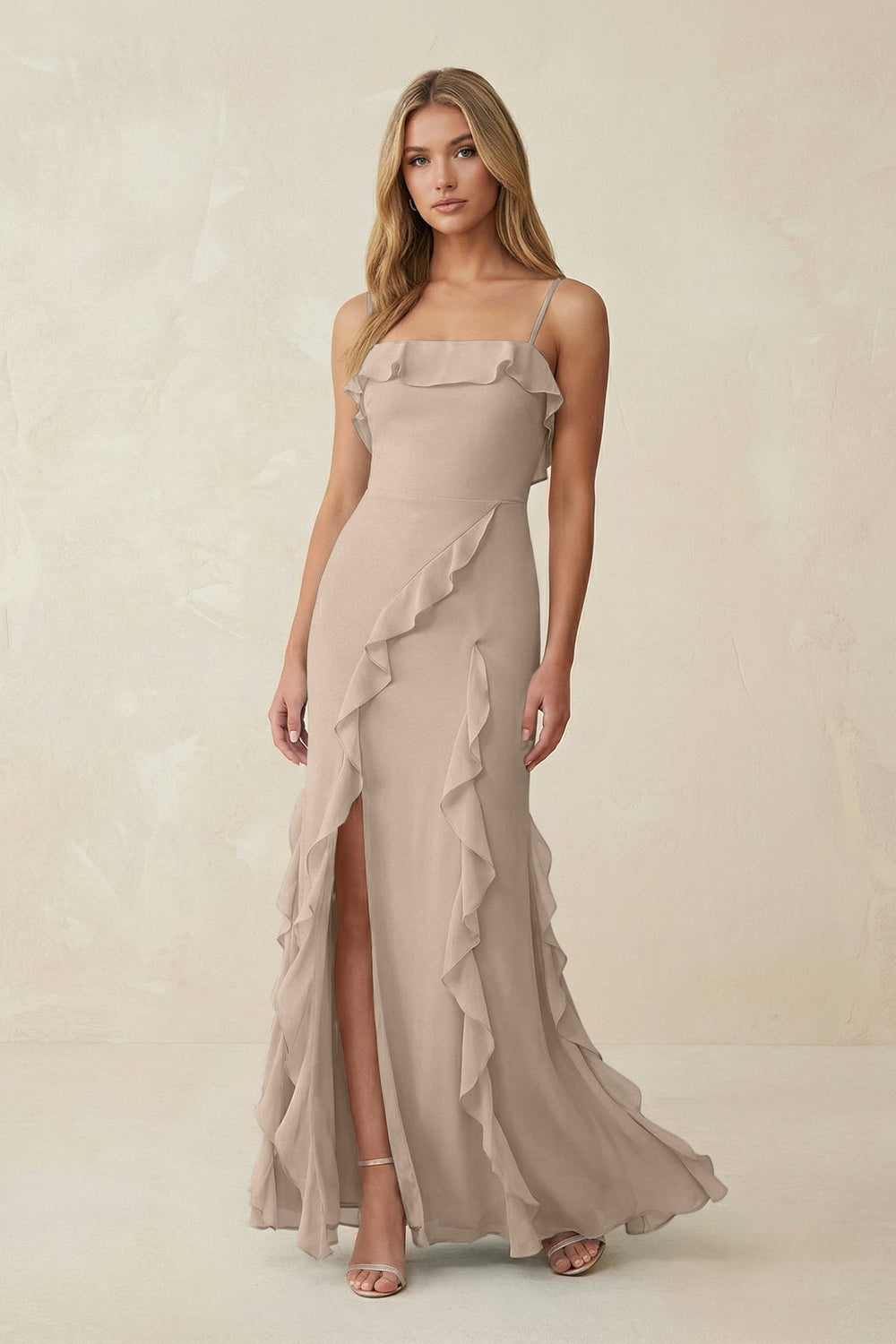 Ruffled Cami Strap Chiffon Sheath Bridesmaid Dress in Almond - KissProm Bridesmaid Dresses