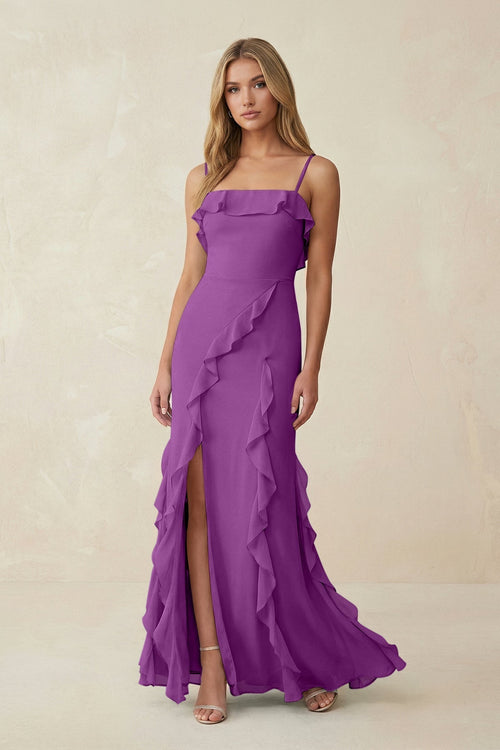 Ruffled Cami Strap Chiffon Sheath Bridesmaid Dress in Amethyst - KissProm Bridesmaid Dresses