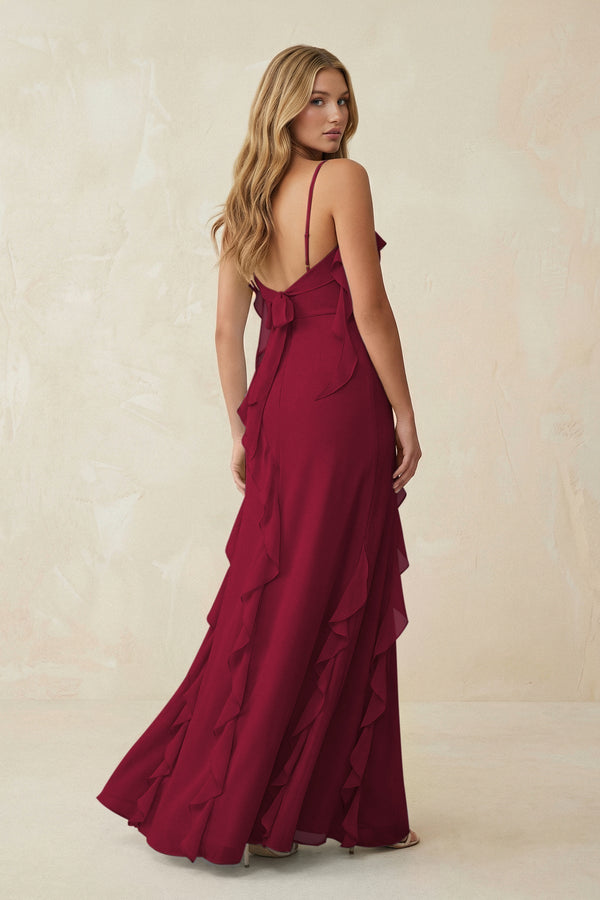 Ruffled Cami Strap Chiffon Sheath Bridesmaid Dress in Berry - KissProm Bridesmaid Dresses