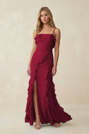 Ruffled Cami Strap Chiffon Sheath Bridesmaid Dress in Berry - KissProm Bridesmaid Dresses