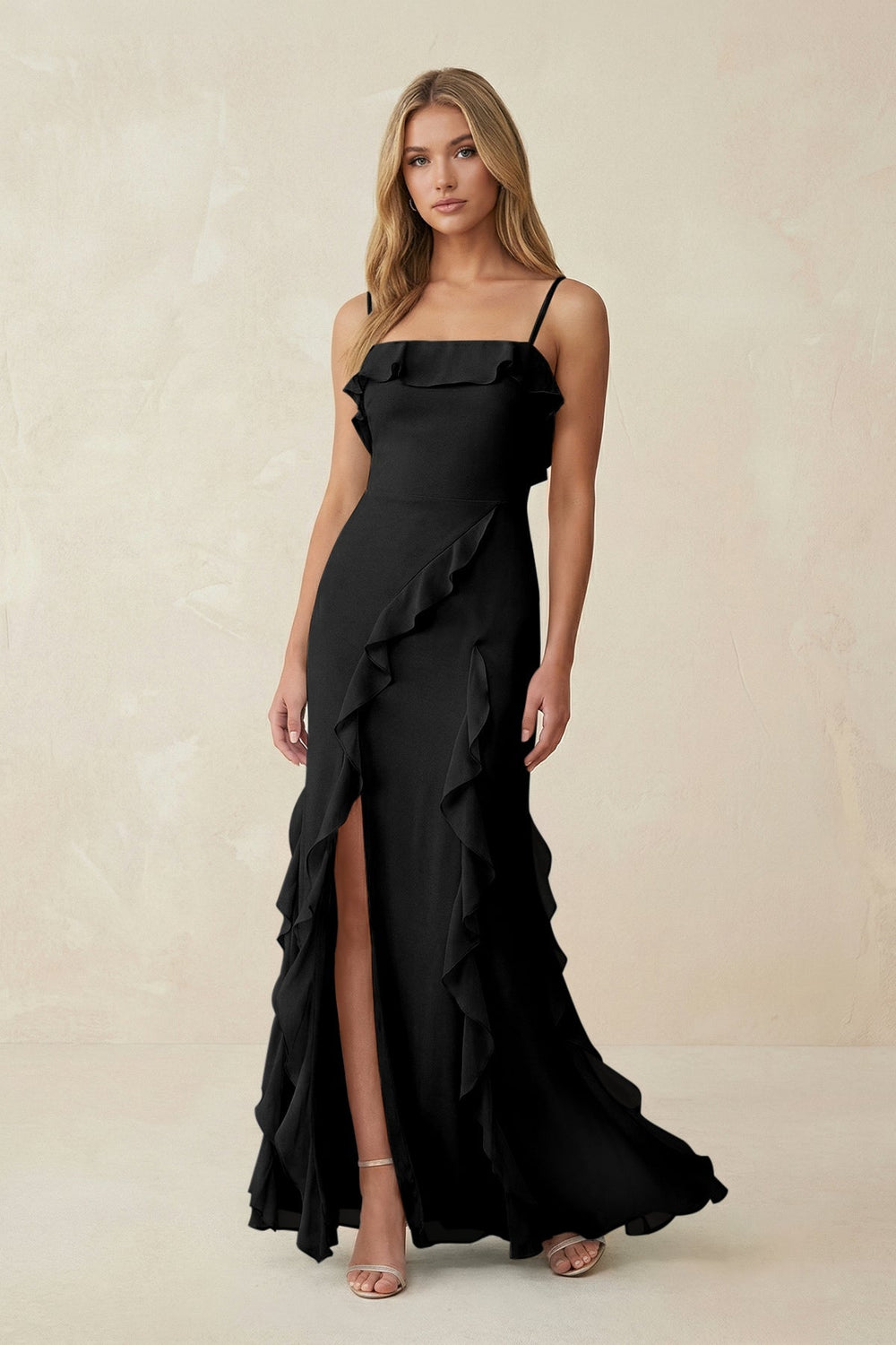 Ruffled Cami Strap Chiffon Sheath Bridesmaid Dress in Black - KissProm Bridesmaid Dresses