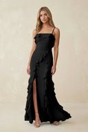 Ruffled Cami Strap Chiffon Sheath Bridesmaid Dress in Black - KissProm Bridesmaid Dresses