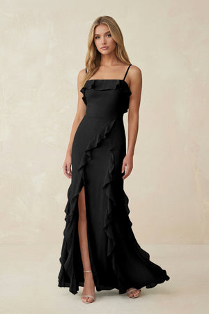 Ruffled Cami Strap Chiffon Sheath Bridesmaid Dress in Black, Black / 16
