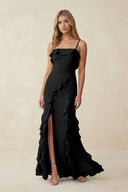 Ruffled Cami Strap Chiffon Sheath Bridesmaid Dress in Black - KissProm Bridesmaid Dresses