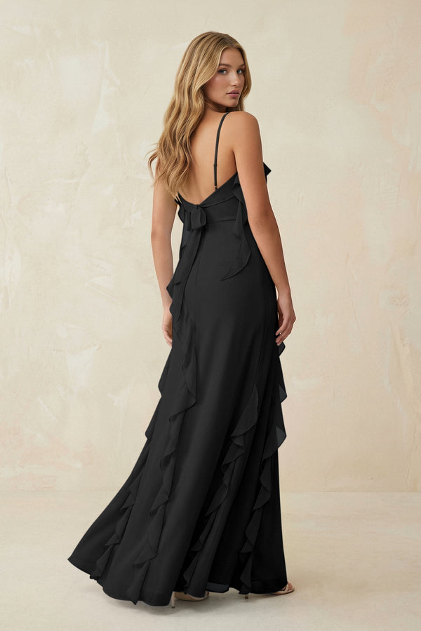 Ruffled Cami Strap Chiffon Sheath Bridesmaid Dress in Black - KissProm Bridesmaid Dresses