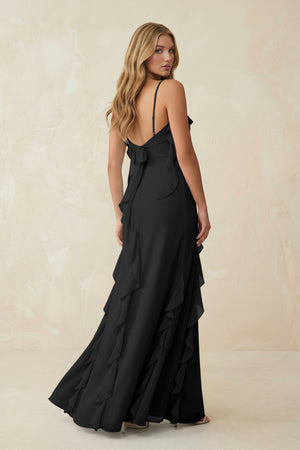 Ruffled Cami Strap Chiffon Sheath Bridesmaid Dress in Black - KissProm Bridesmaid Dresses