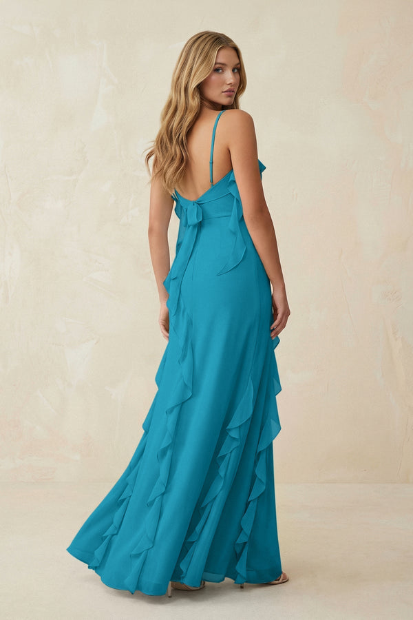 Ruffled Cami Strap Chiffon Sheath Bridesmaid Dress in Blue Jay - KissProm Bridesmaid Dresses