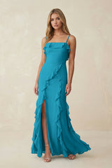 Ruffled Cami Strap Chiffon Sheath Bridesmaid Dress in Blue Jay - KissProm Bridesmaid Dresses