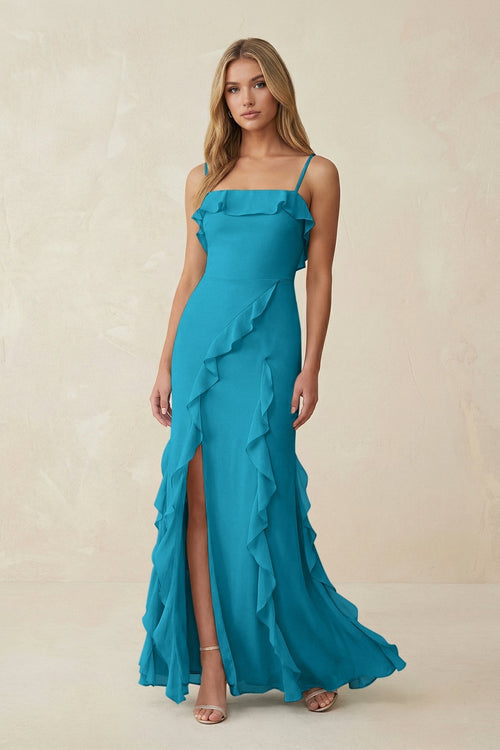 Ruffled Cami Strap Chiffon Sheath Bridesmaid Dress in Blue Jay - KissProm Bridesmaid Dresses