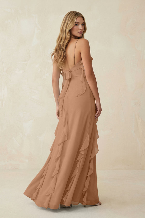Ruffled Cami Strap Chiffon Sheath Bridesmaid Dress in Bronzer - KissProm Bridesmaid Dresses