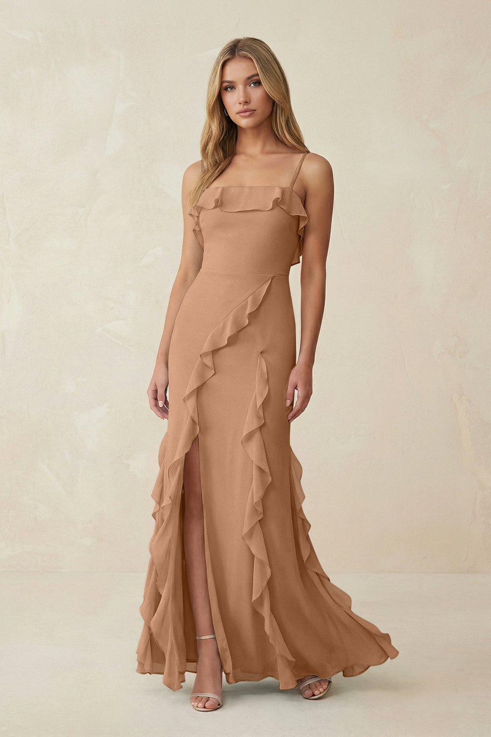 Ruffled Cami Strap Chiffon Sheath Bridesmaid Dress in Bronzer - KissProm Bridesmaid Dresses