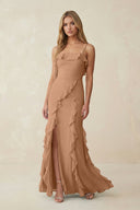 Ruffled Cami Strap Chiffon Sheath Bridesmaid Dress in Bronzer - KissProm Bridesmaid Dresses