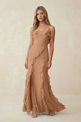 Ruffled Cami Strap Chiffon Sheath Bridesmaid Dress in Bronzer - KissProm Bridesmaid Dresses