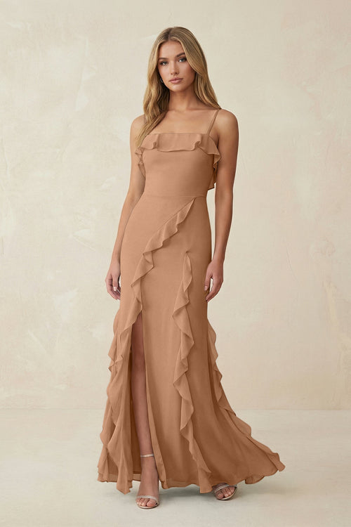 Ruffled Cami Strap Chiffon Sheath Bridesmaid Dress in Bronzer - KissProm Bridesmaid Dresses
