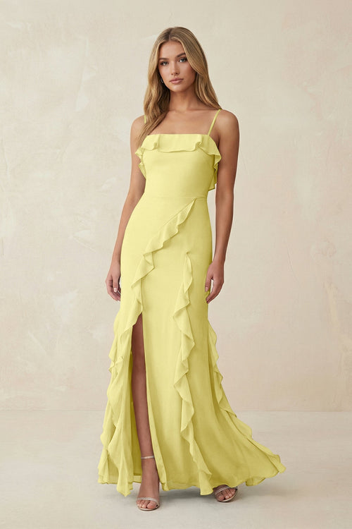 Ruffled Cami Strap Chiffon Sheath Bridesmaid Dress in Buttercup - KissProm Bridesmaid Dresses