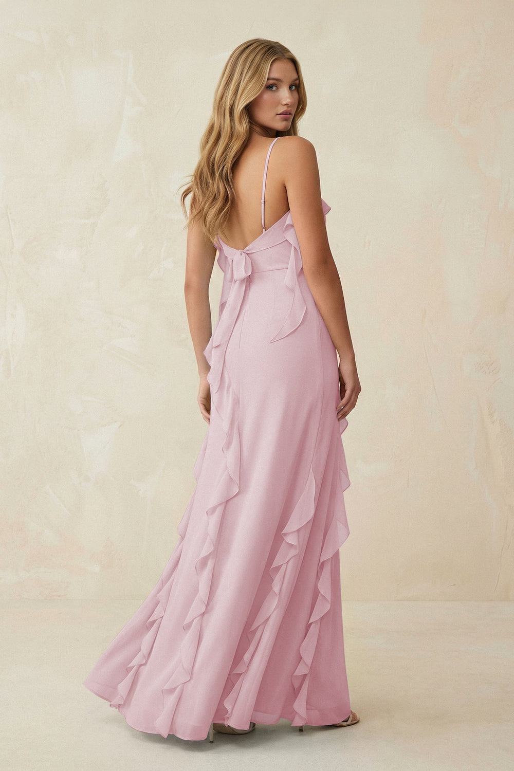 Ruffled Cami Strap Chiffon Sheath Bridesmaid Dress in Candy Pink - KissProm Bridesmaid Dresses