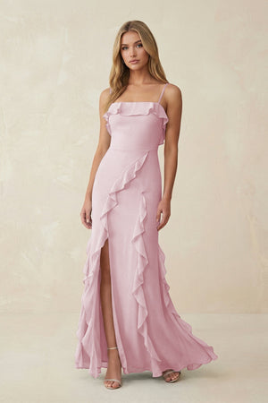 Ruffled Cami Strap Chiffon Sheath Bridesmaid Dress in Candy Pink - KissProm Bridesmaid Dresses