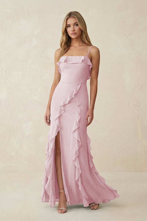 Ruffled Cami Strap Chiffon Sheath Bridesmaid Dress in Candy Pink - KissProm Bridesmaid Dresses
