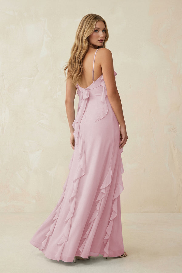 Ruffled Cami Strap Chiffon Sheath Bridesmaid Dress in Candy Pink - KissProm Bridesmaid Dresses