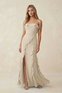 Ruffled Cami Strap Chiffon Sheath Bridesmaid Dress in Champagne - KissProm Bridesmaid Dresses