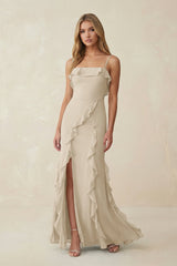 Ruffled Cami Strap Chiffon Sheath Bridesmaid Dress in Champagne - KissProm Bridesmaid Dresses
