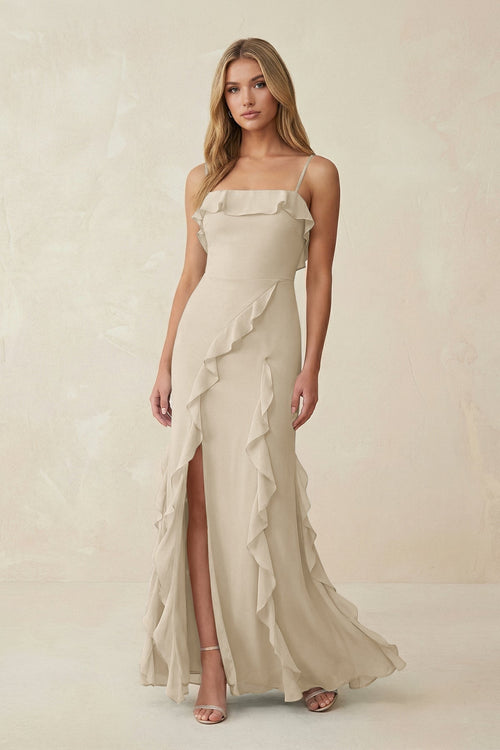 Ruffled Cami Strap Chiffon Sheath Bridesmaid Dress in Champagne - KissProm Bridesmaid Dresses