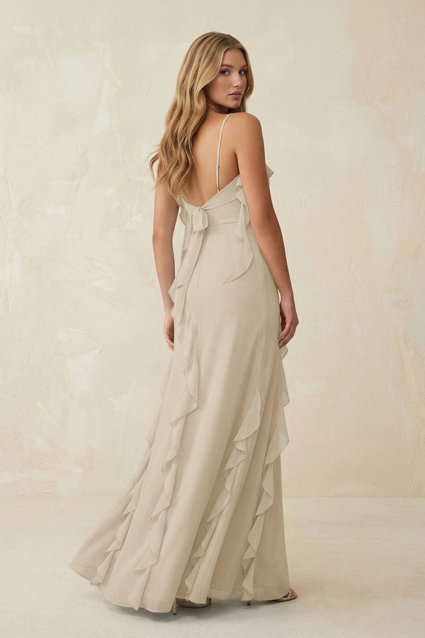 Ruffled Cami Strap Chiffon Sheath Bridesmaid Dress in Champagne - KissProm Bridesmaid Dresses