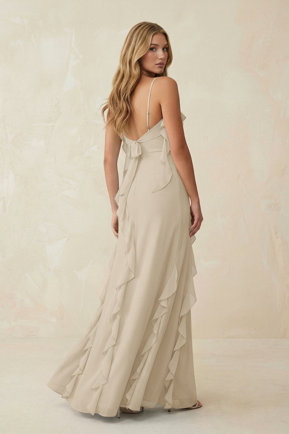 Ruffled Cami Strap Chiffon Sheath Bridesmaid Dress in Champagne - KissProm Bridesmaid Dresses
