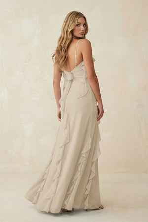 Ruffled Cami Strap Chiffon Sheath Bridesmaid Dress in Champagne - KissProm Bridesmaid Dresses