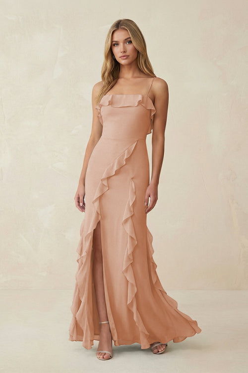 Ruffled Cami Strap Chiffon Sheath Bridesmaid Dress in Champagne Rose - KissProm Bridesmaid Dresses