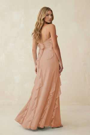 Ruffled Cami Strap Chiffon Sheath Bridesmaid Dress in Champagne Rose - KissProm Bridesmaid Dresses