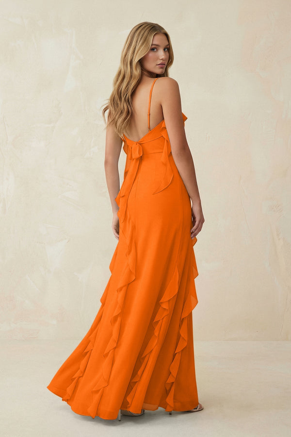 Ruffled Cami Strap Chiffon Sheath Bridesmaid Dress in Cinnamon - KissProm Bridesmaid Dresses