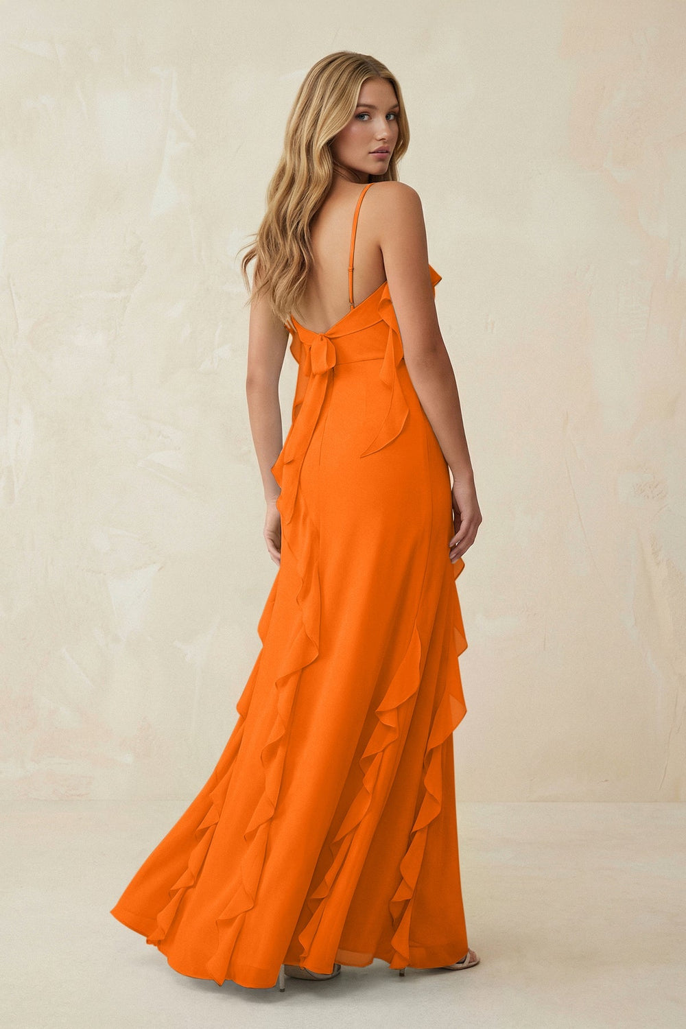 Ruffled Cami Strap Chiffon Sheath Bridesmaid Dress in Cinnamon - KissProm Bridesmaid Dresses