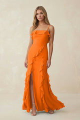 Ruffled Cami Strap Chiffon Sheath Bridesmaid Dress in Cinnamon - KissProm Bridesmaid Dresses