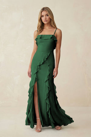 Ruffled Cami Strap Chiffon Sheath Bridesmaid Dress in Dark Green - KissProm Bridesmaid Dresses