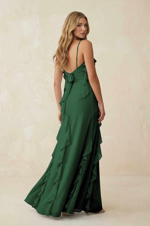 Ruffled Cami Strap Chiffon Sheath Bridesmaid Dress in Dark Green - KissProm Bridesmaid Dresses