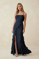 Ruffled Cami Strap Chiffon Sheath Bridesmaid Dress in Dark Navy - KissProm Bridesmaid Dresses