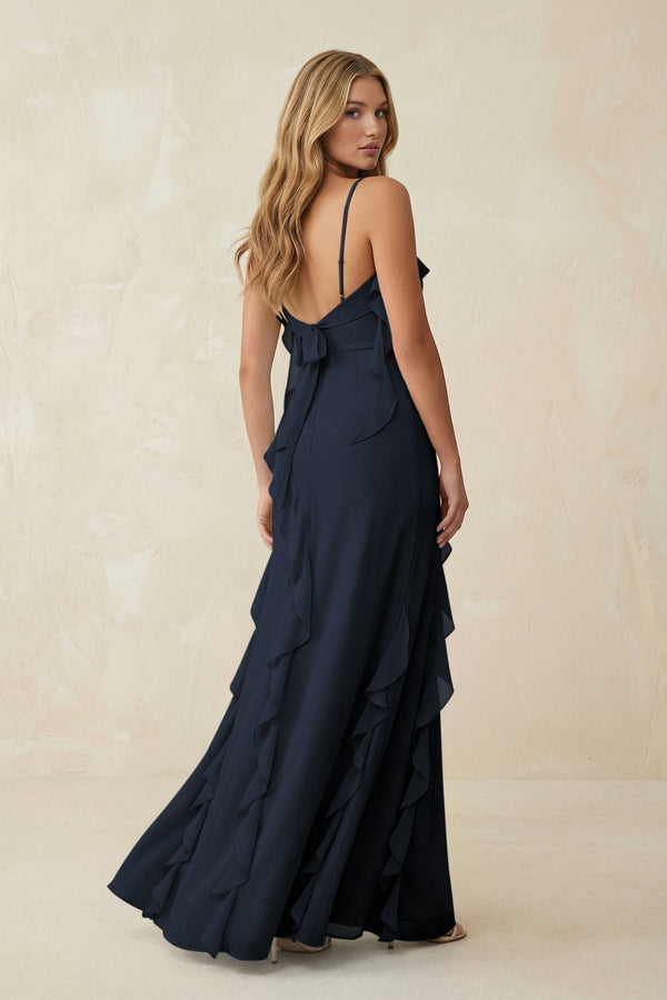 Ruffled Cami Strap Chiffon Sheath Bridesmaid Dress in Dark Navy - KissProm Bridesmaid Dresses
