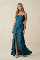 Ruffled Cami Strap Chiffon Sheath Bridesmaid Dress in Dark Teal - KissProm Bridesmaid Dresses