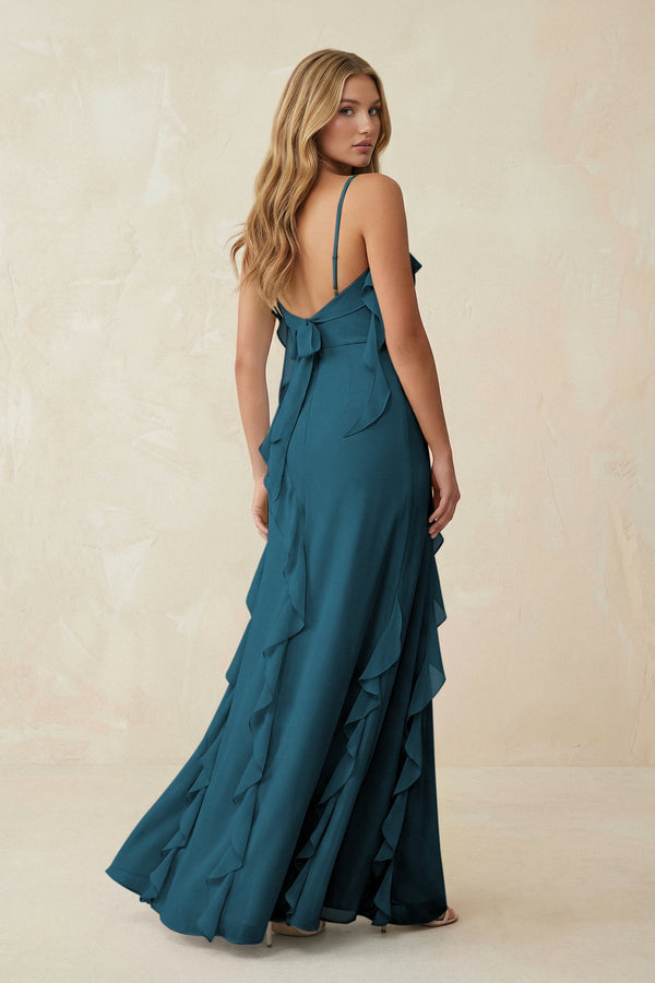Ruffled Cami Strap Chiffon Sheath Bridesmaid Dress in Dark Teal - KissProm Bridesmaid Dresses