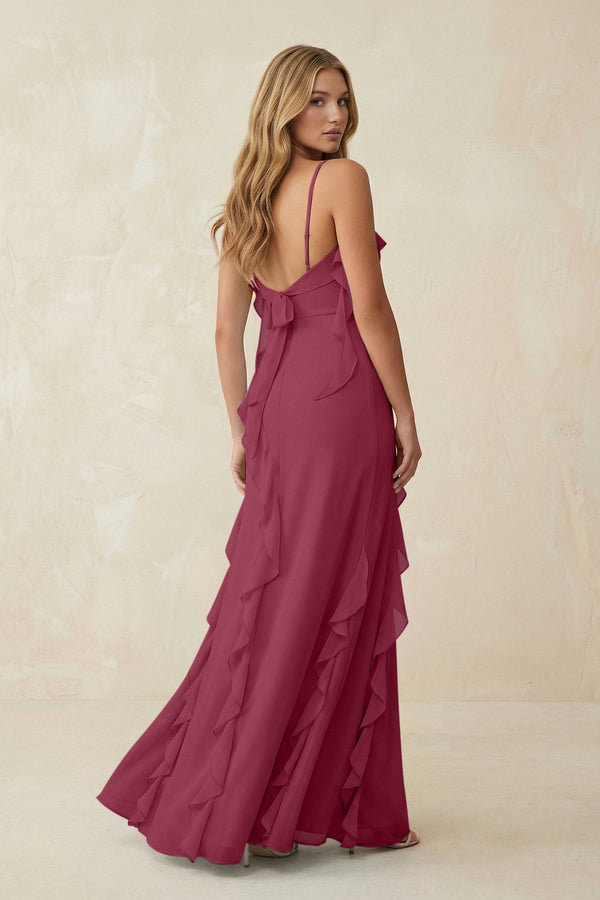 Ruffled Cami Strap Chiffon Sheath Bridesmaid Dress in Desert Rose - KissProm Bridesmaid Dresses