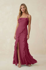 Ruffled Cami Strap Chiffon Sheath Bridesmaid Dress in Desert Rose - KissProm Bridesmaid Dresses
