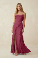 Ruffled Cami Strap Chiffon Sheath Bridesmaid Dress in Desert Rose - KissProm Bridesmaid Dresses
