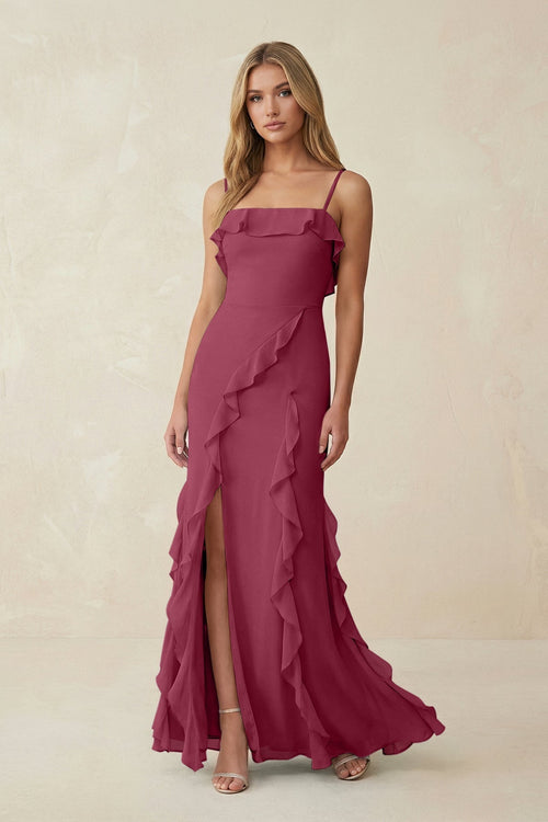Ruffled Cami Strap Chiffon Sheath Bridesmaid Dress in Desert Rose - KissProm Bridesmaid Dresses