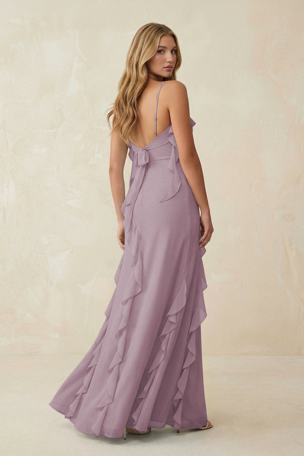 Ruffled Cami Strap Chiffon Sheath Bridesmaid Dress in Dusk - KissProm Bridesmaid Dresses