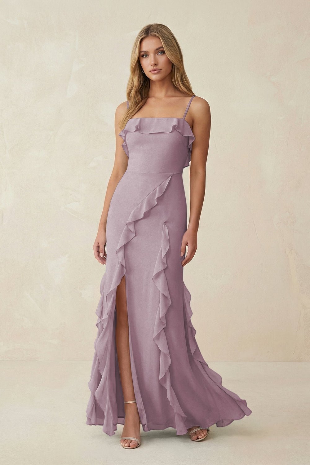 Ruffled Cami Strap Chiffon Sheath Bridesmaid Dress in Dusk - KissProm Bridesmaid Dresses